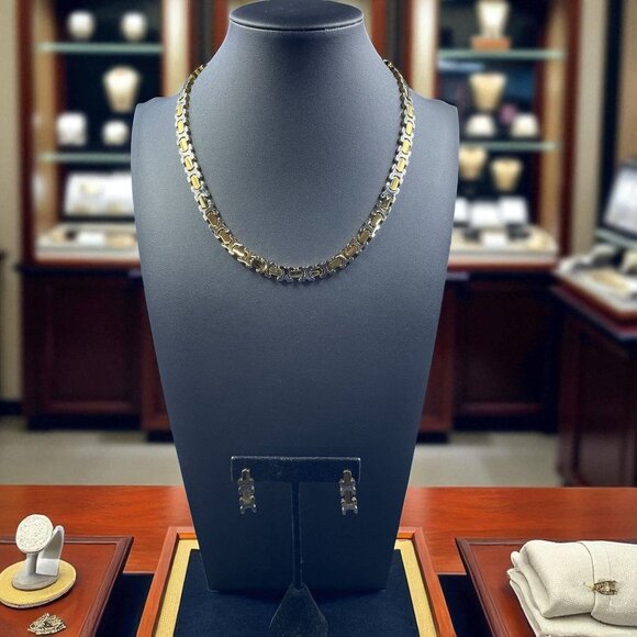 Vintage Two Tone Gold Silver Link Necklace Earrings Set Modern Retro Statement - Picture 1 of 10